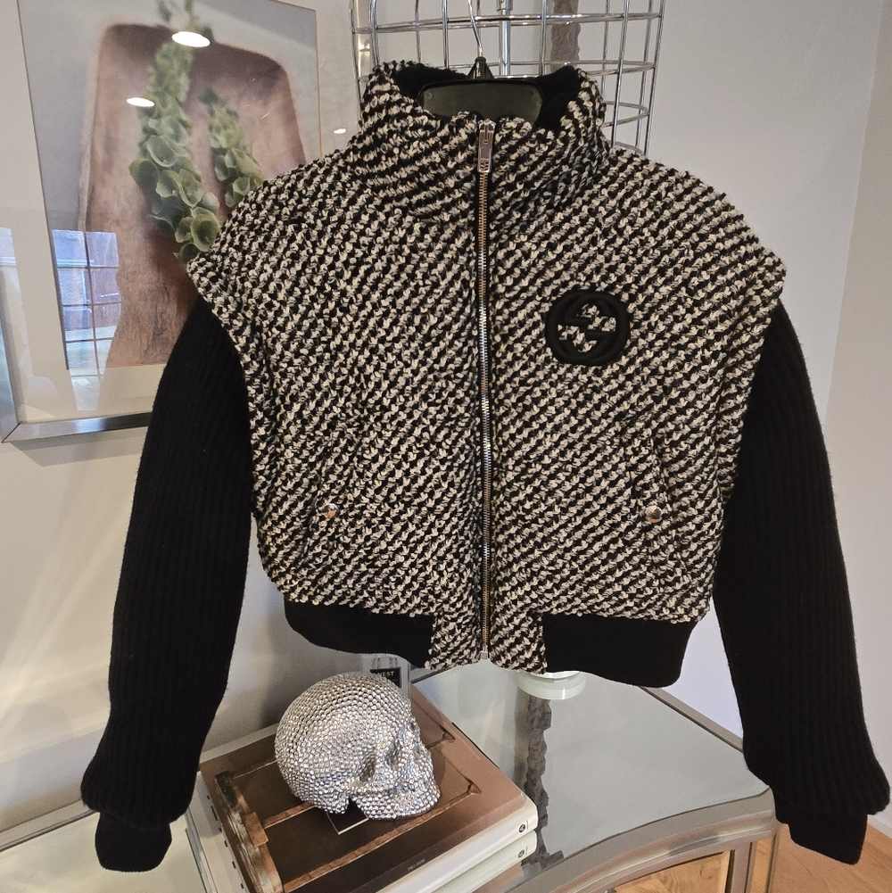 Gucci Black and White Herringbone Bomber Jacket